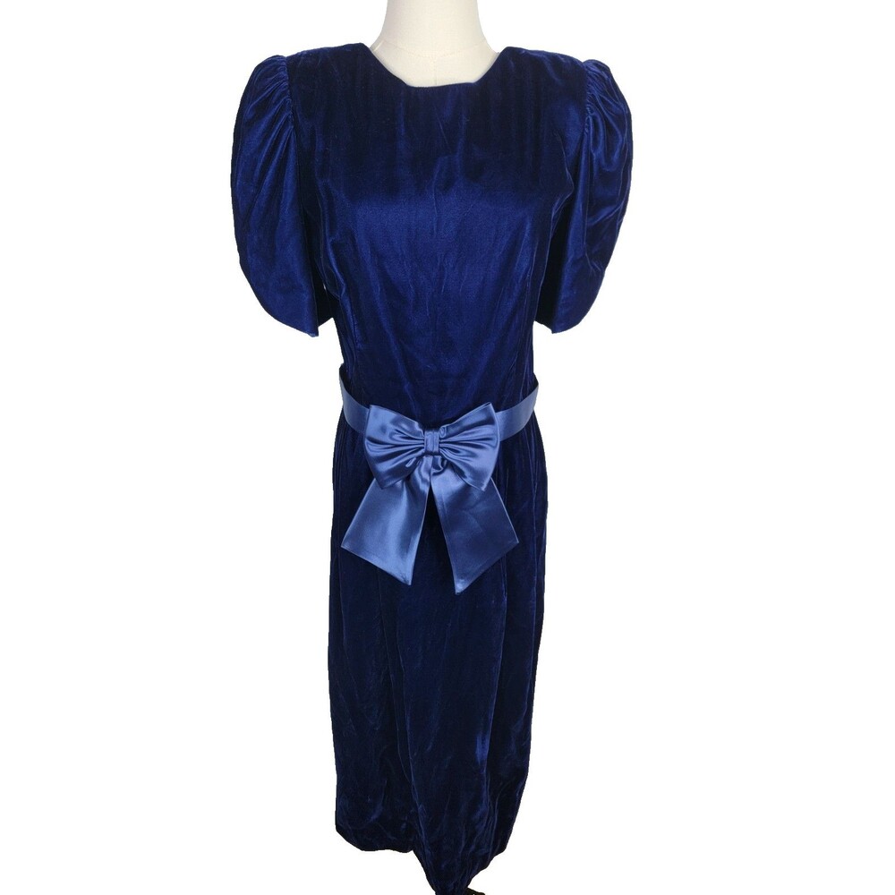 Vintage 80s Lanz Originals Blue Velvet Midi Dress Satin Bow V Back Puff New Tags